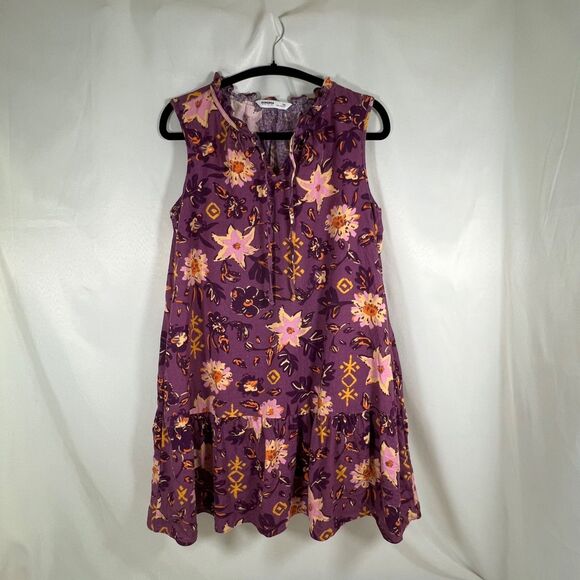 Sonoma Dresses & Skirts - Sonoma PM Sleeveless Floral Tiered Mini Swing Dress Purple Yellow Boho Tie Neck